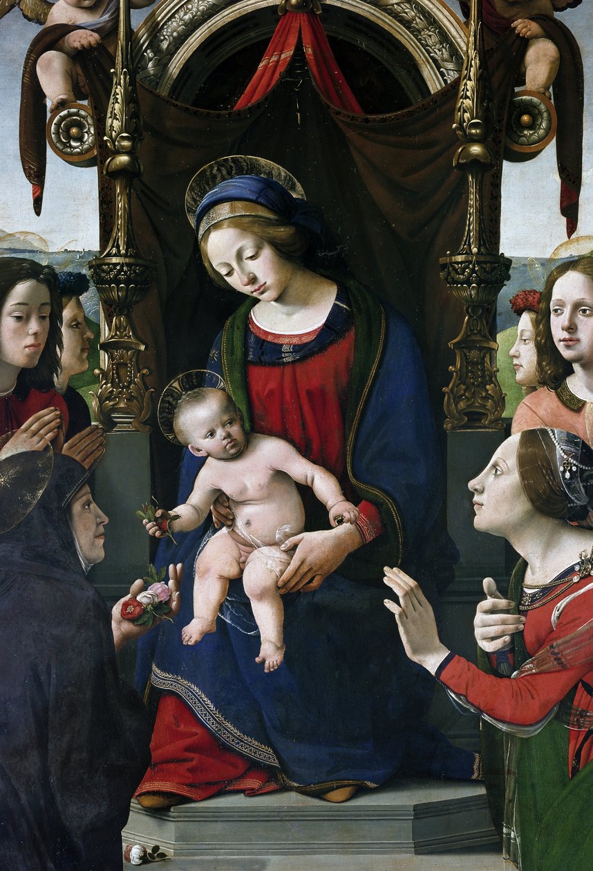 Jomfru og barn på tronen omgitt av helgener, detaljer (olje og tempera på panel, ca. 1493) av Piero di Cosimo