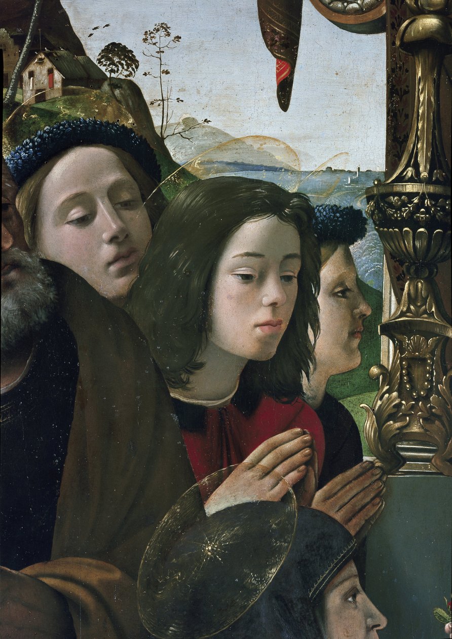 Jomfru og barn på tronen omgitt av helgener, detaljer (olje og tempera på panel, ca. 1493) av Piero di Cosimo
