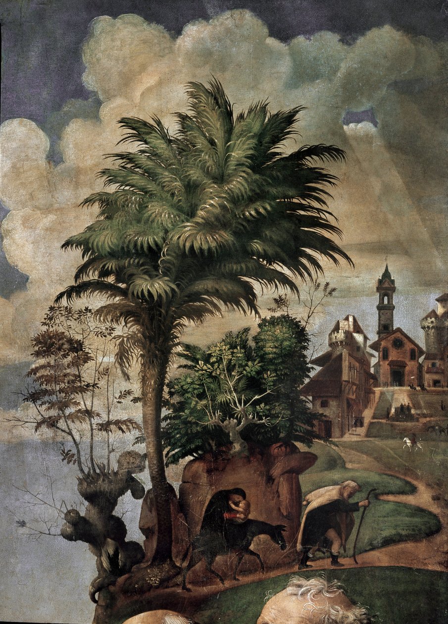Jomfru og barn på tronen omgitt av helgener, detaljer (olje og tempera på panel, ca. 1493) av Piero di Cosimo
