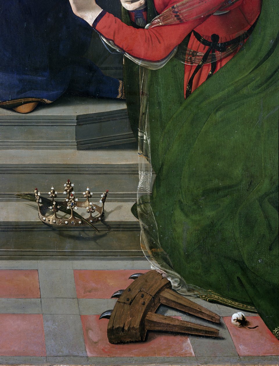 Jomfru og barn på tronen omgitt av helgener, detaljer (olje og tempera på panel, ca. 1493) av Piero di Cosimo