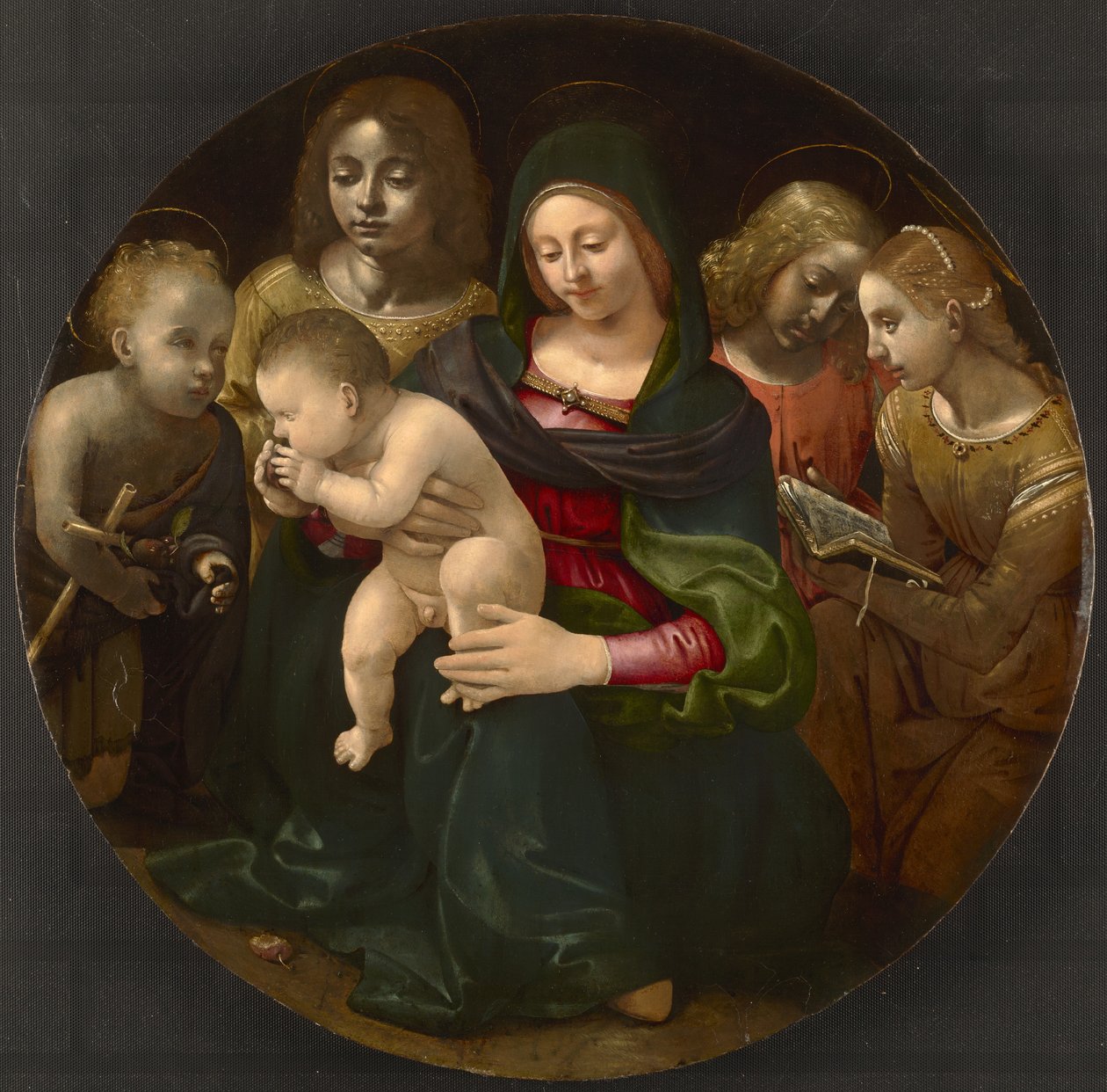 Jomfru og barn med den unge døperen Johannes, den hellige Cecilia og engler, ca. 1505 av Piero di Cosimo