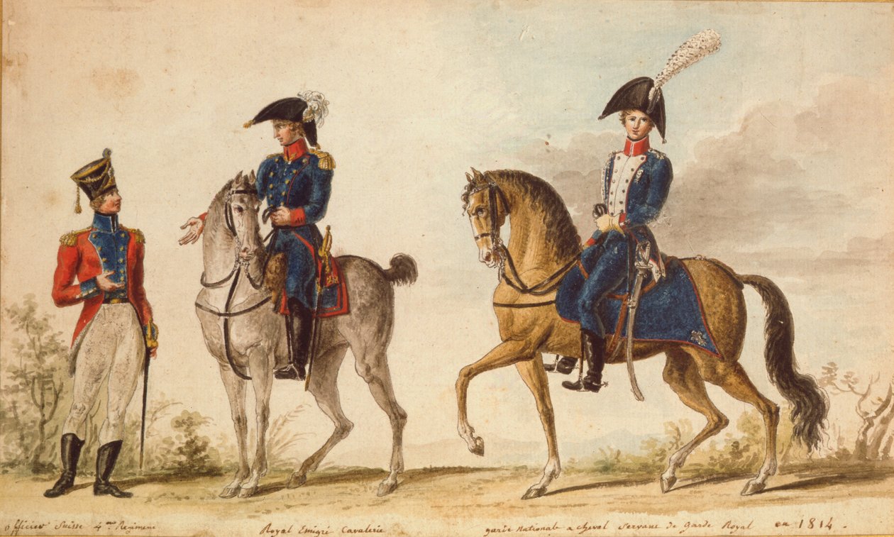 Sveitsisk offiser for 4. regiment, rytter fra Royal Emigre Cavalry og montert nasjonalgarde, 1814 (gouache) av Pierre Antoine Lesueur