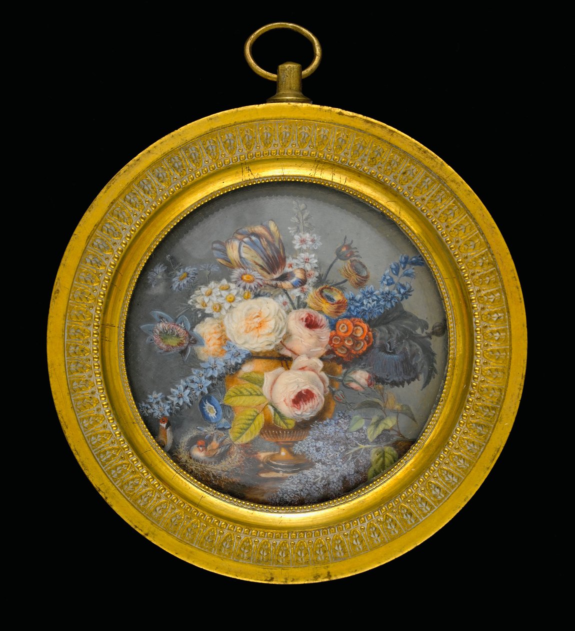 Blandede blomster i en terrakottavase, en spray av syrin og to fugler (en sitter på et rede) på en marmorplate (gouache på elfenben) av Pierre Antoine Poiteau