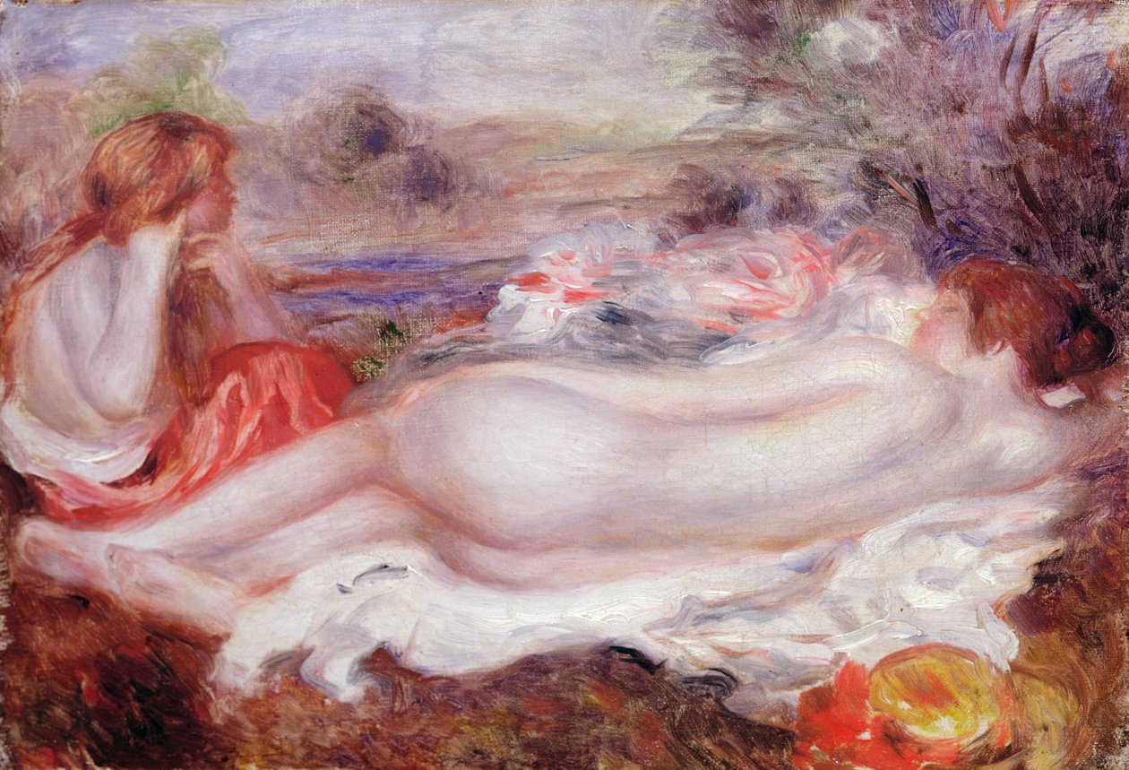 Badende tilbakelent og en ung jente som lager håret, 1896 av Pierre Auguste Renoir