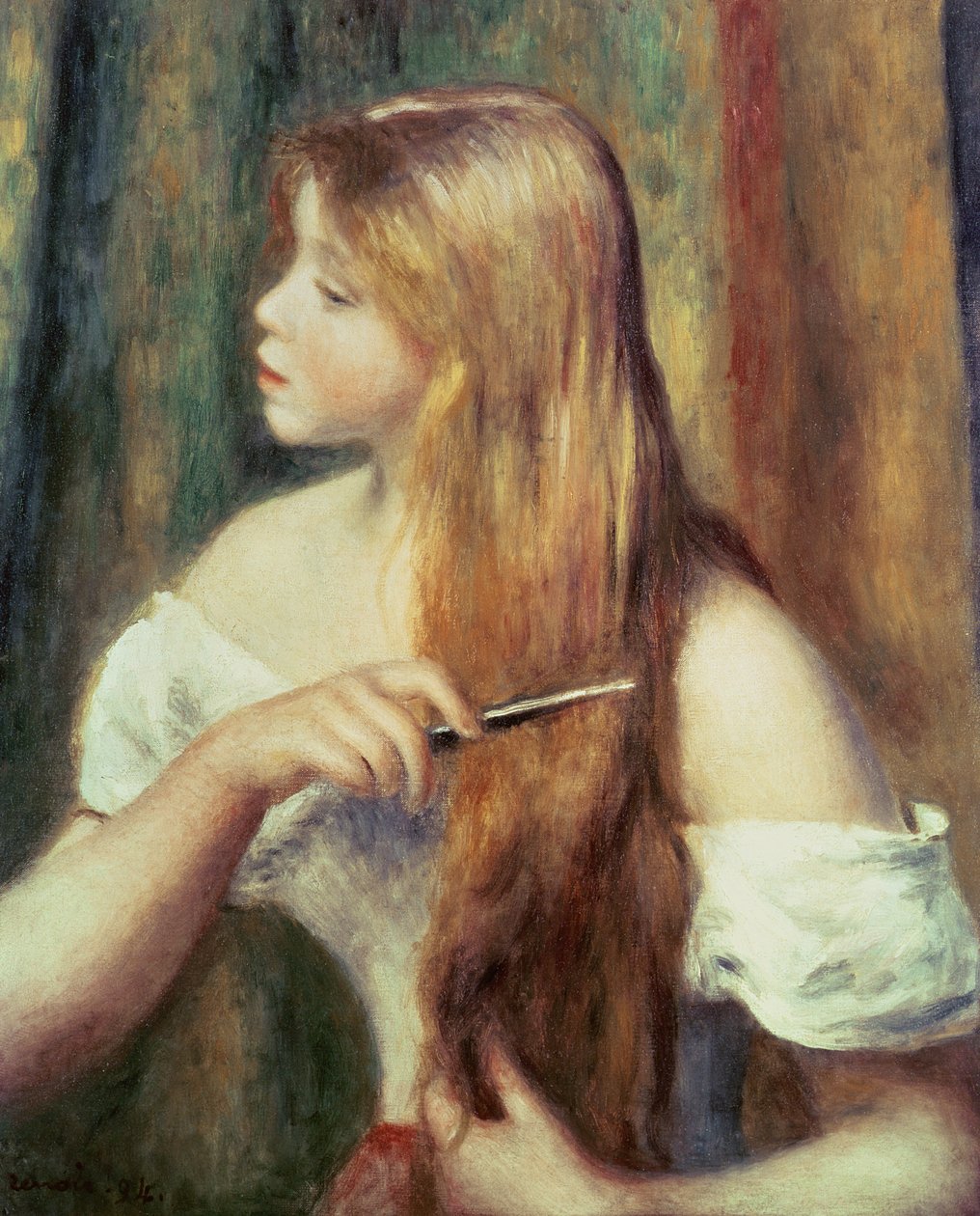 Blond jente som kjemmer håret, 1894 av Pierre Auguste Renoir