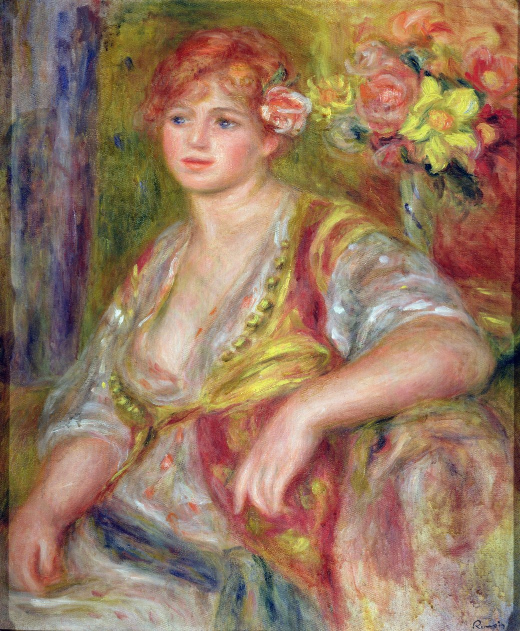 Blond kvinne med rose, ca. 1915-17 av Pierre Auguste Renoir
