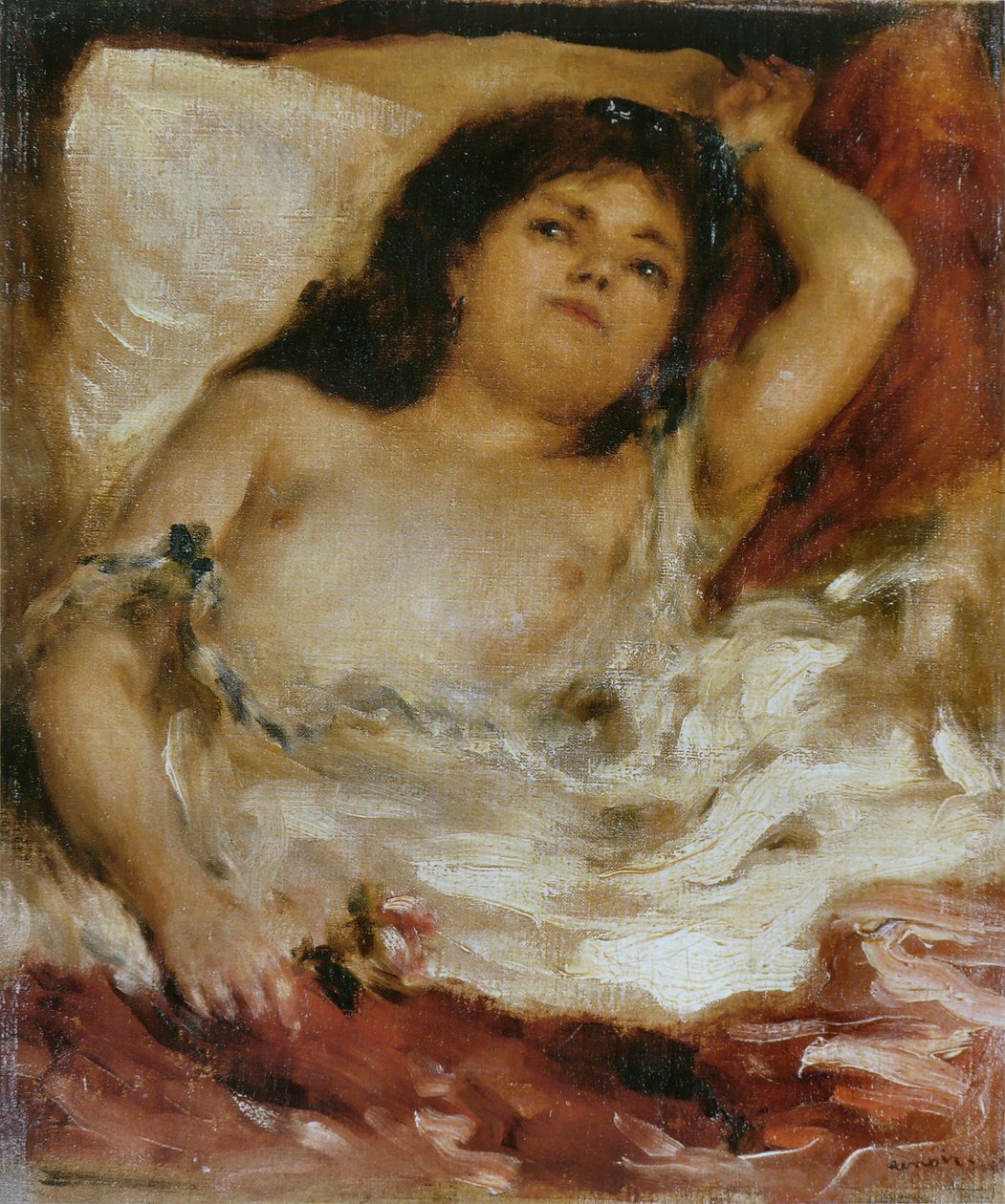 Halvnaken kvinne som ligger av Pierre Auguste Renoir