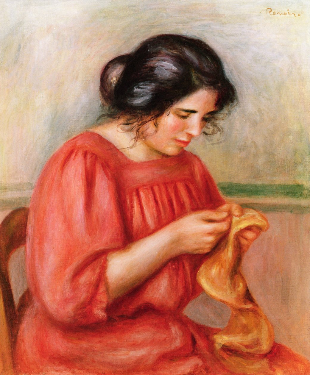 Gabrielle darning, 1908 av Pierre Auguste Renoir