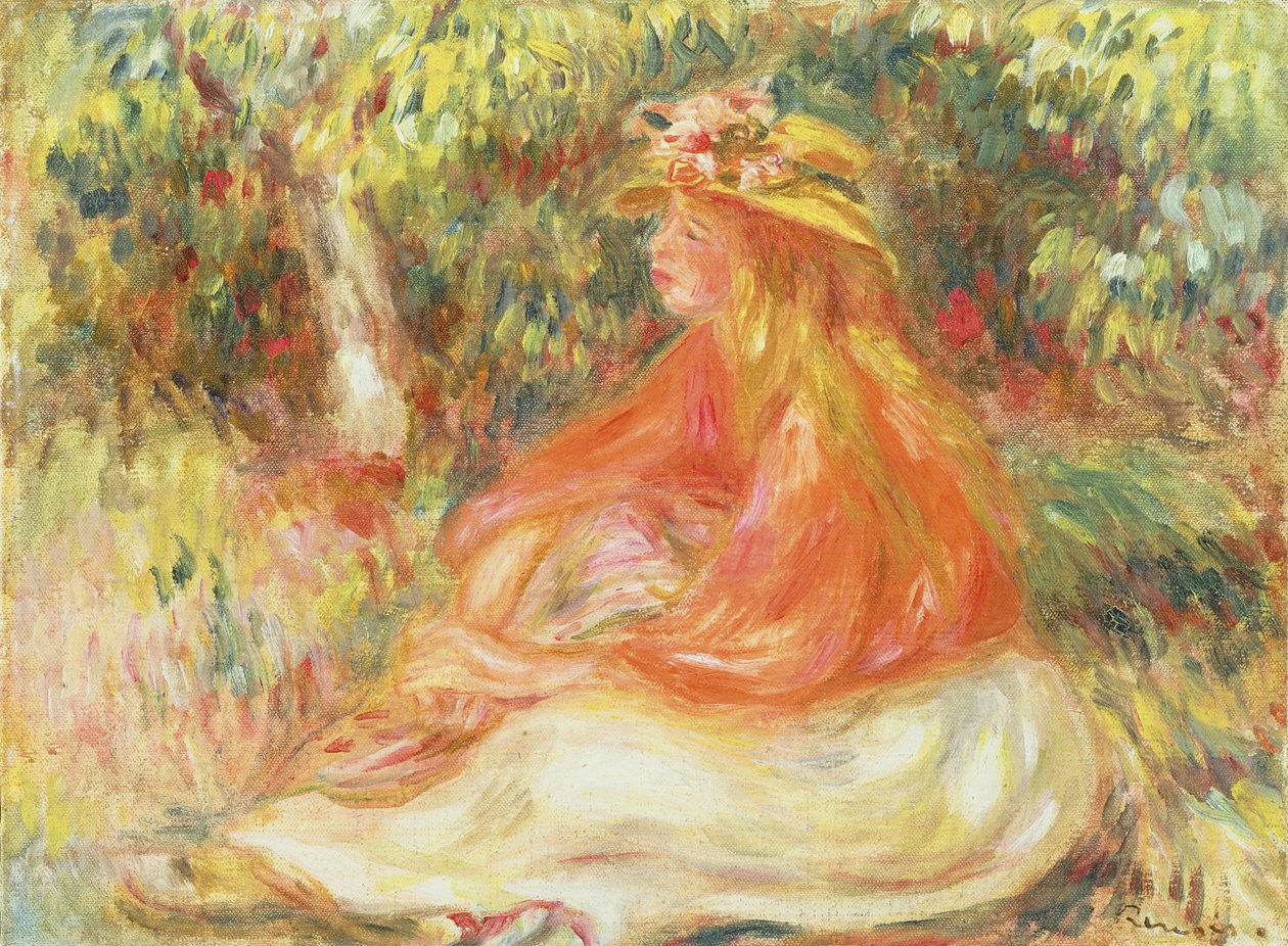 Jente sitter i et landskap av Pierre Auguste Renoir