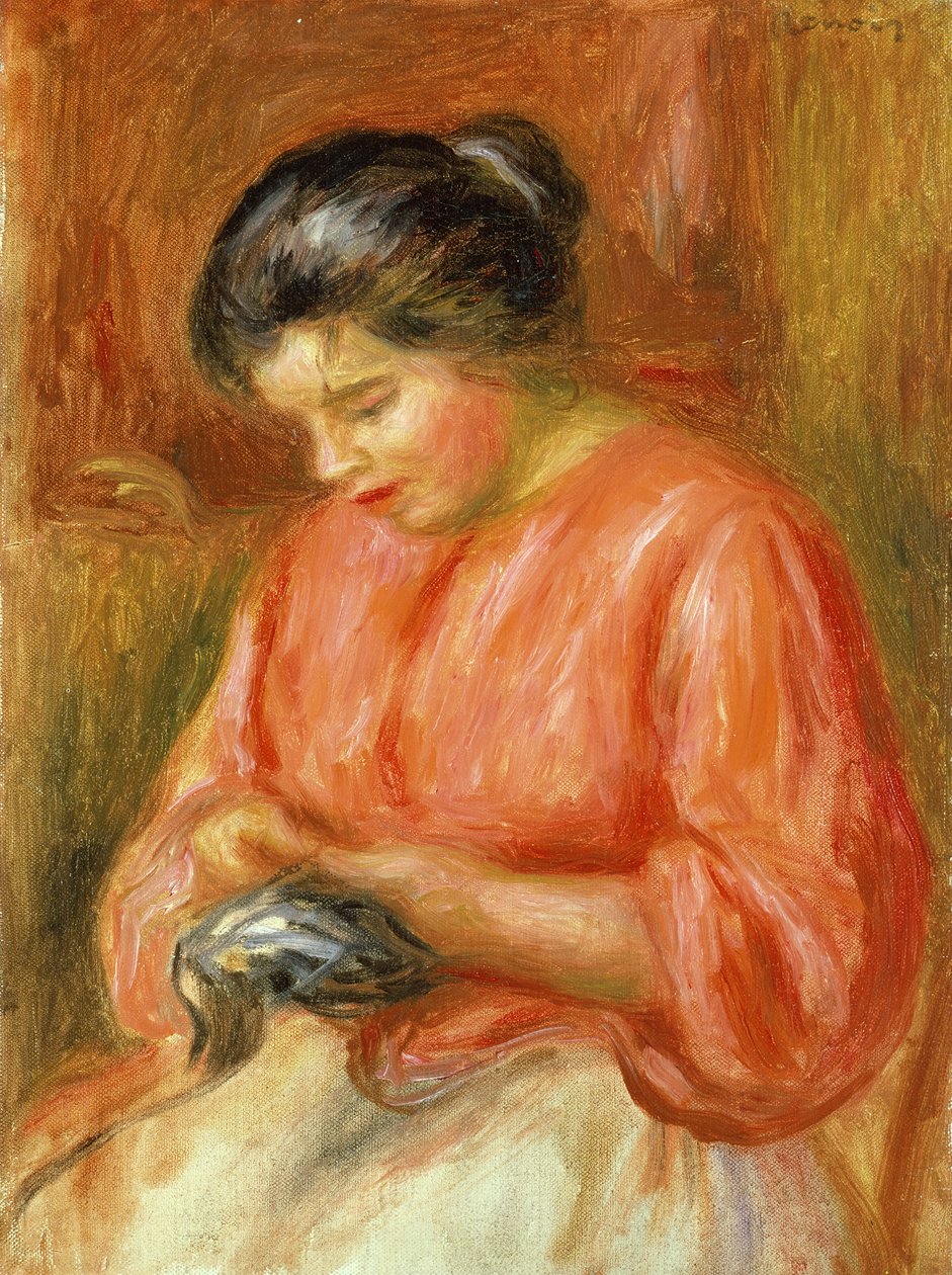 Jente i rødt, strikking av Pierre Auguste Renoir