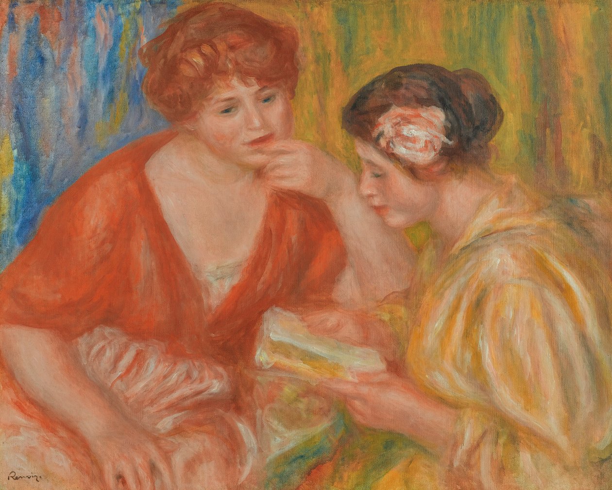 LESING, TO KVINNER MED RØD OG ROSA KROPP av Pierre Auguste Renoir