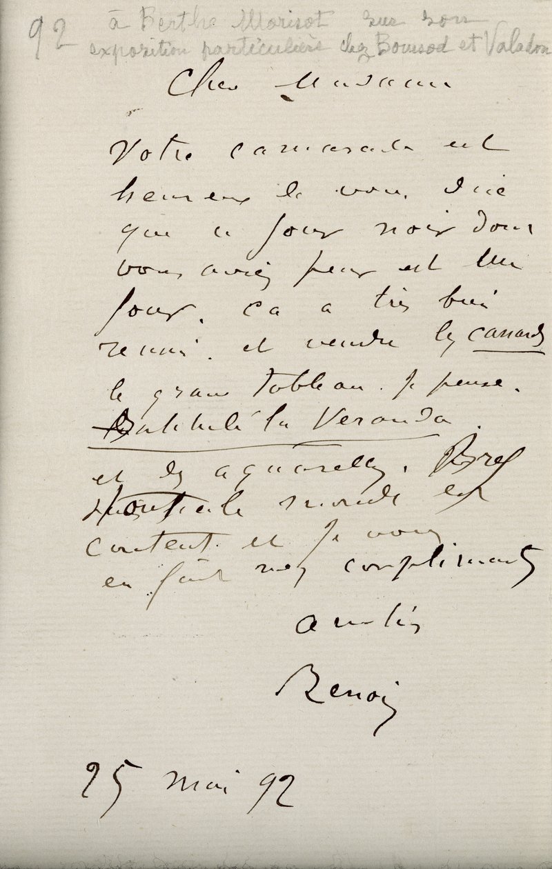 Brev fra Renoir til Berthe Morisot (1841-95) angående hennes første utstilling, 25. mai 1892 av Pierre Auguste Renoir
