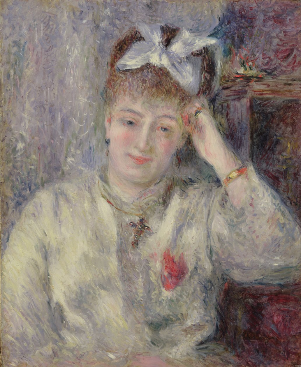 Madame Murer lener seg på pianoet, ca. 1878 av Pierre Auguste Renoir