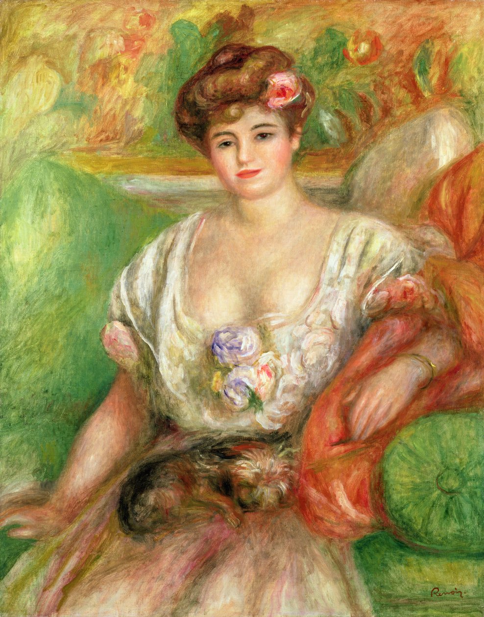 Misia Sert (1872-1950) med en laphund, ca. 1906 av Pierre Auguste Renoir