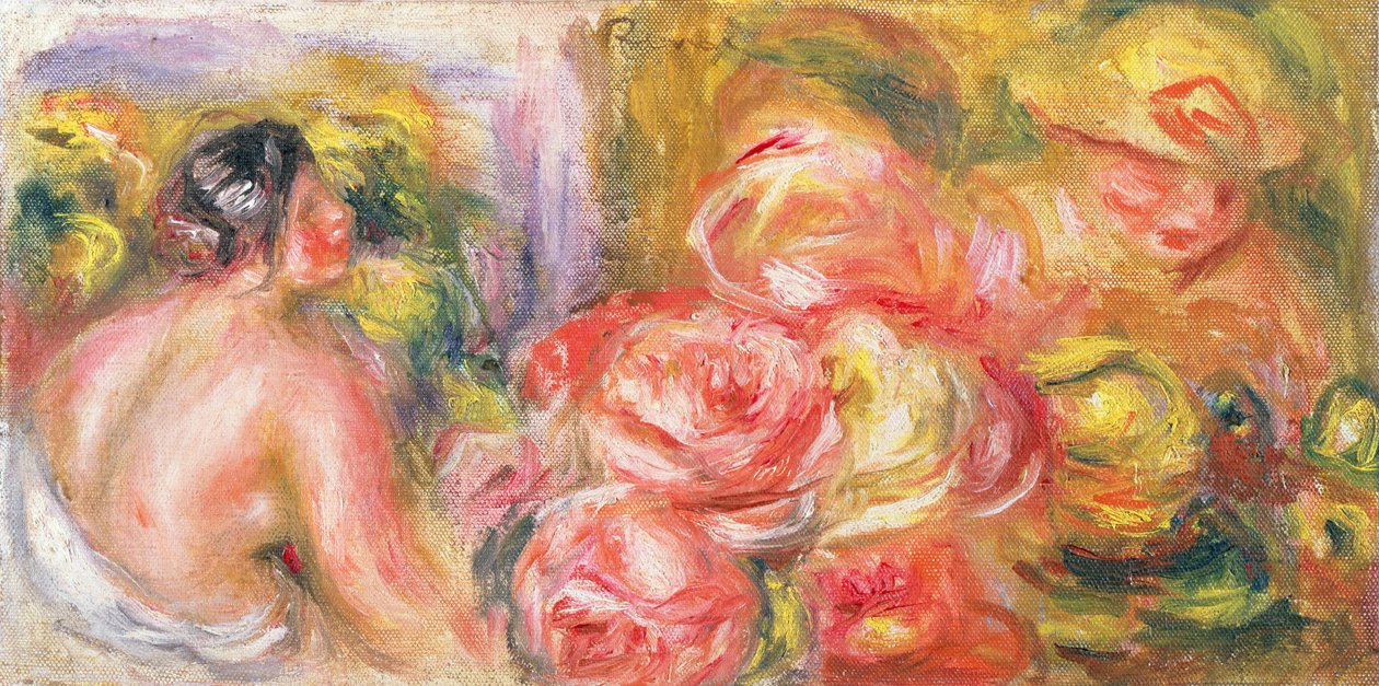 Naken jente med hatt og roser, 1916 av Pierre Auguste Renoir
