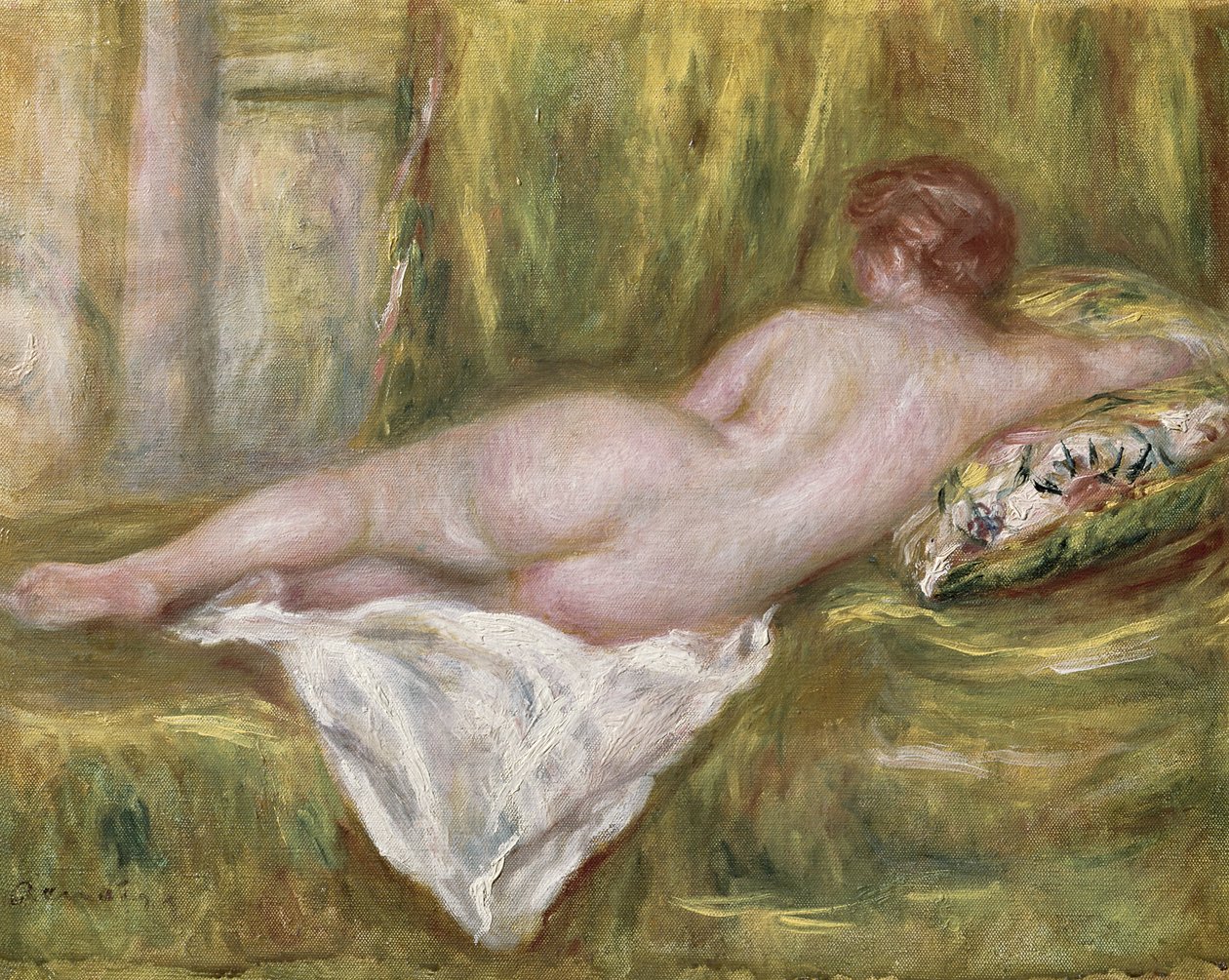 Liggende naken fra ryggen, hvile etter badet av Pierre Auguste Renoir