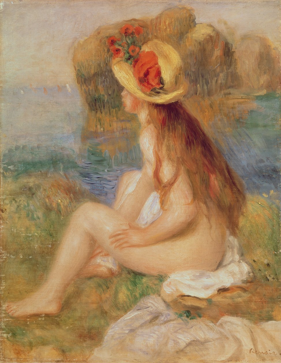 Sittende kvinnelig badegjester i stråhatt av Pierre Auguste Renoir