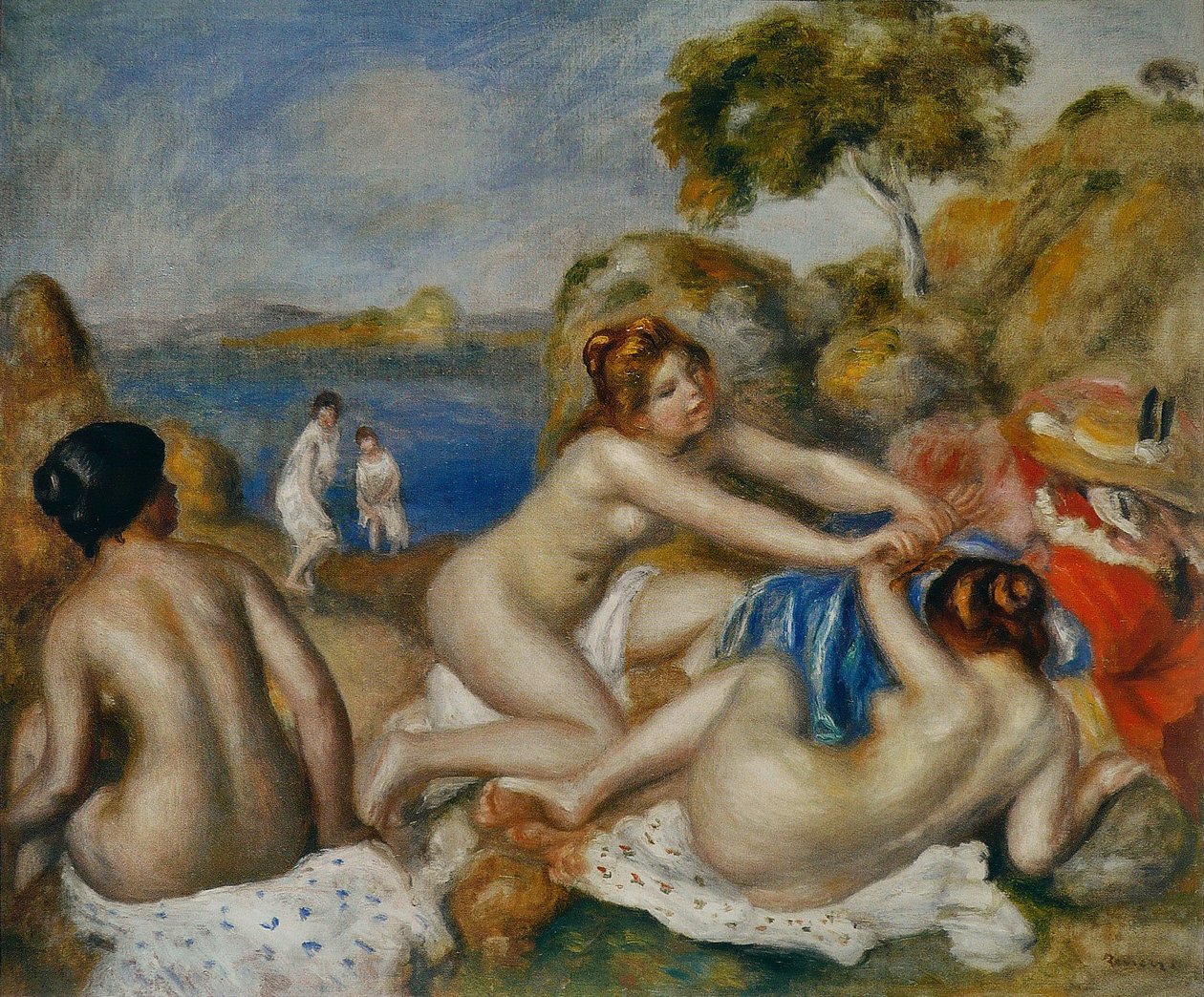 Tre badegjester med krabbe av Pierre Auguste Renoir