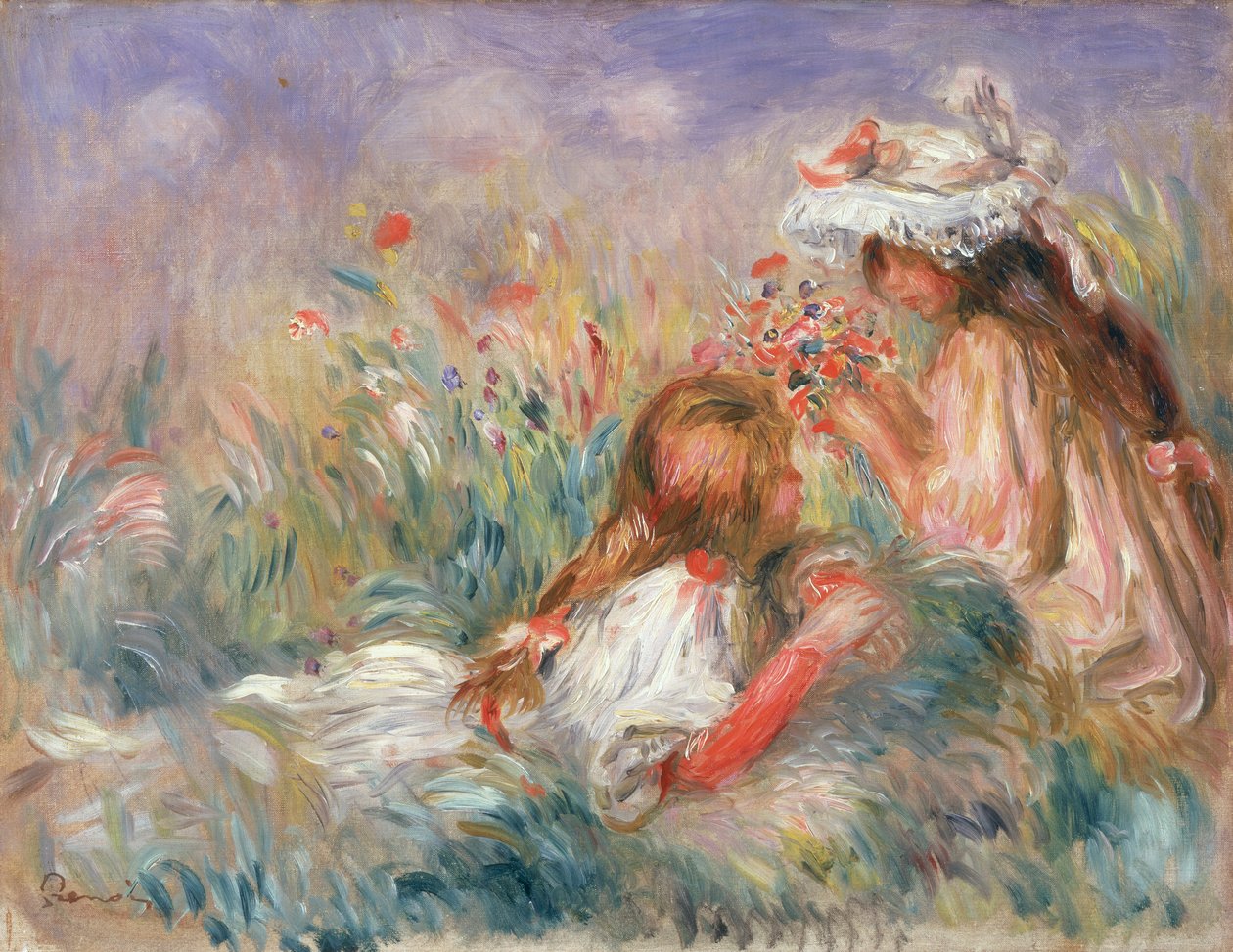 To barn sitter blant blomster, 1900 av Pierre Auguste Renoir