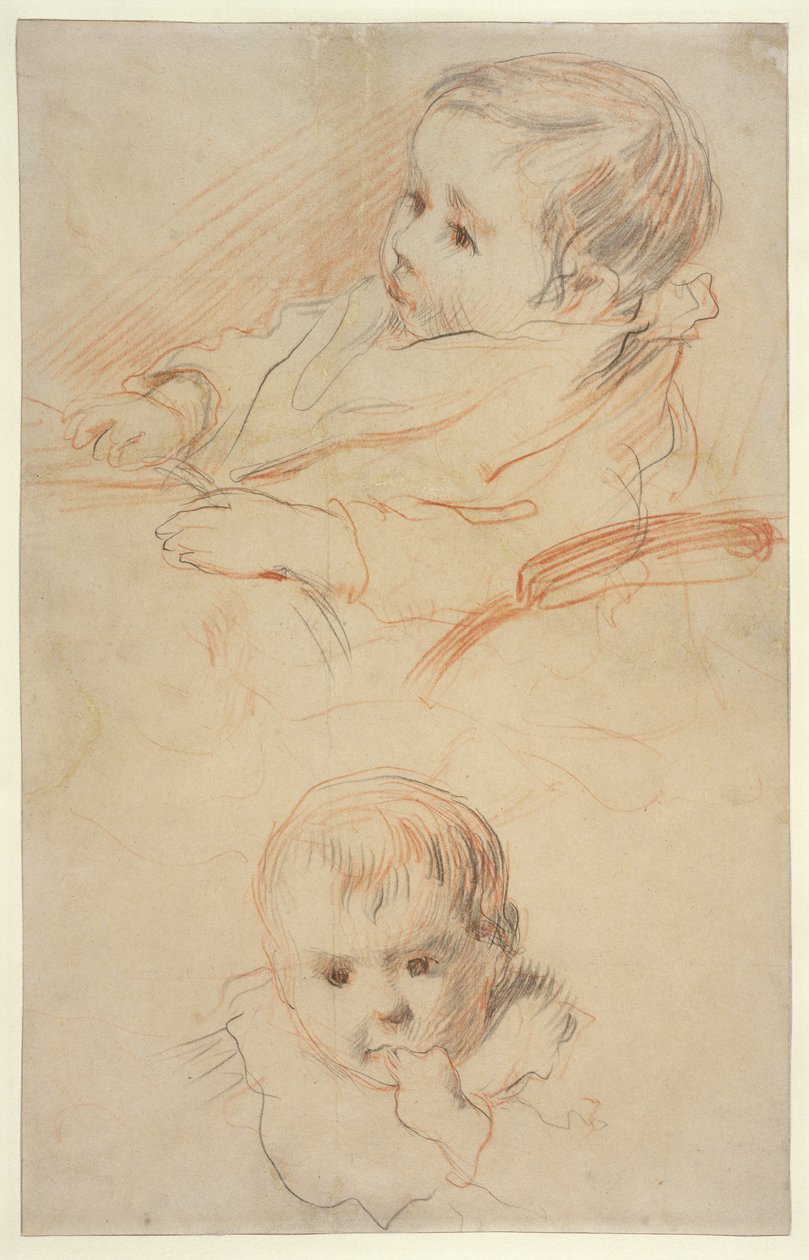 To studier av et lite barn, 1875-80 (svart og rødt kritt på gulaktig papir) av Pierre Auguste Renoir