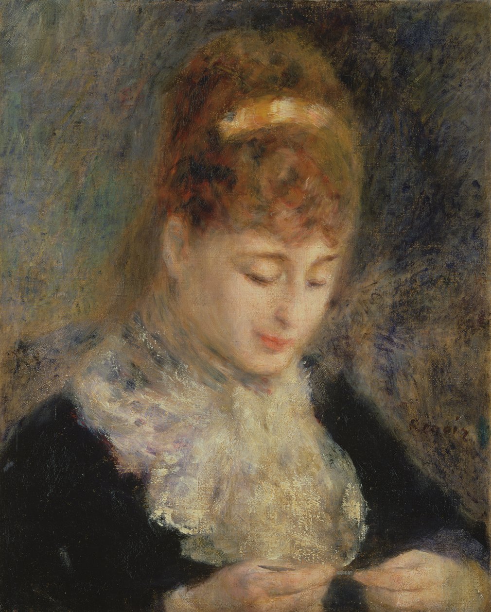 Kvinne hekler, ca. 1877 av Pierre Auguste Renoir