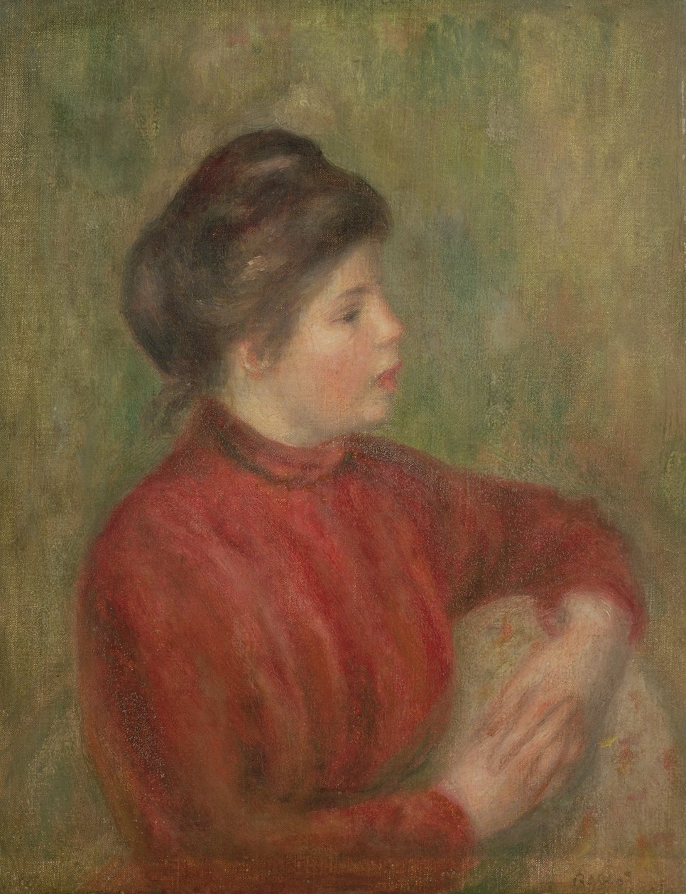 Kvinne lener hendene på stolen, 1891 av Pierre Auguste Renoir