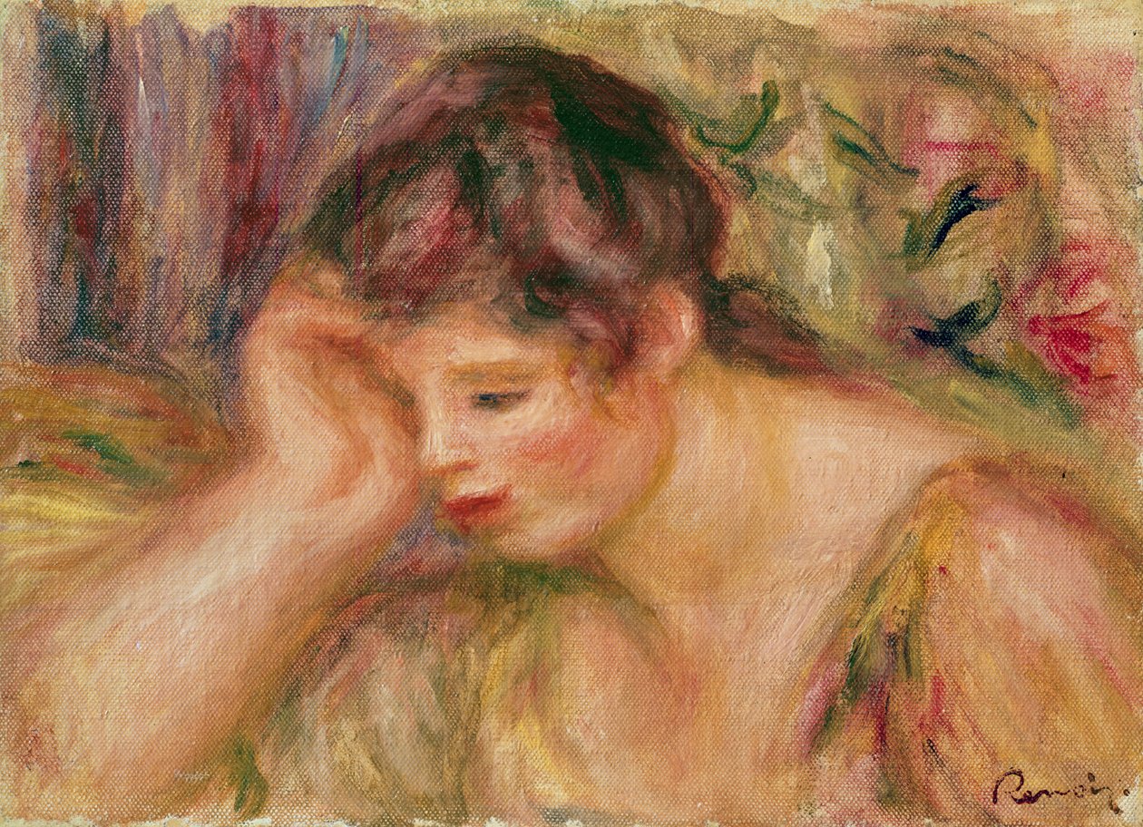 Kvinne lener, ca. 1917 av Pierre Auguste Renoir