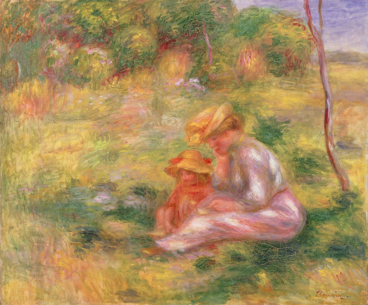 Kvinne og barn sitter på en mark, ca. 1898 av Pierre Auguste Renoir