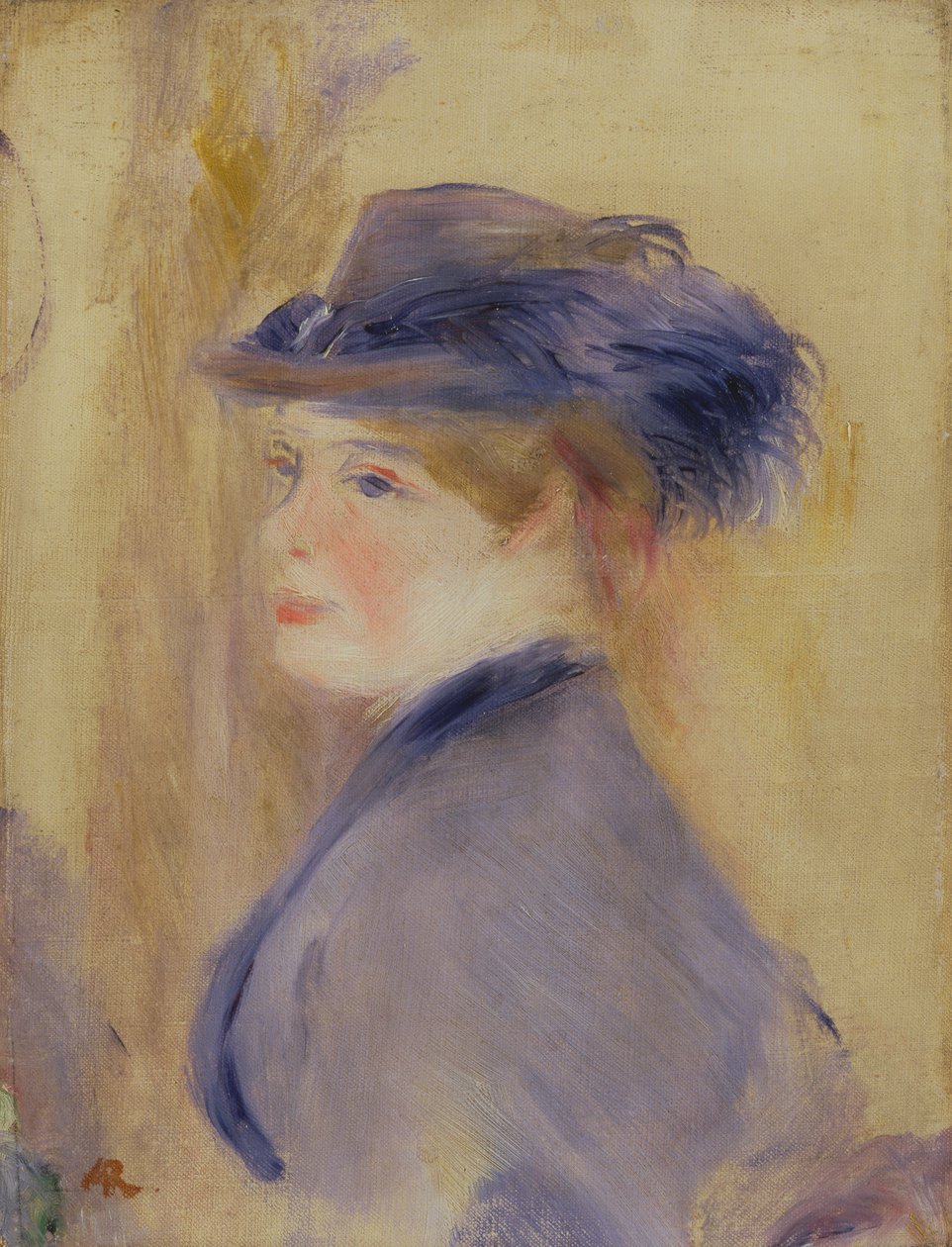 Kvinne i blått med plymer hatt, ca. 1875 av Pierre Auguste Renoir
