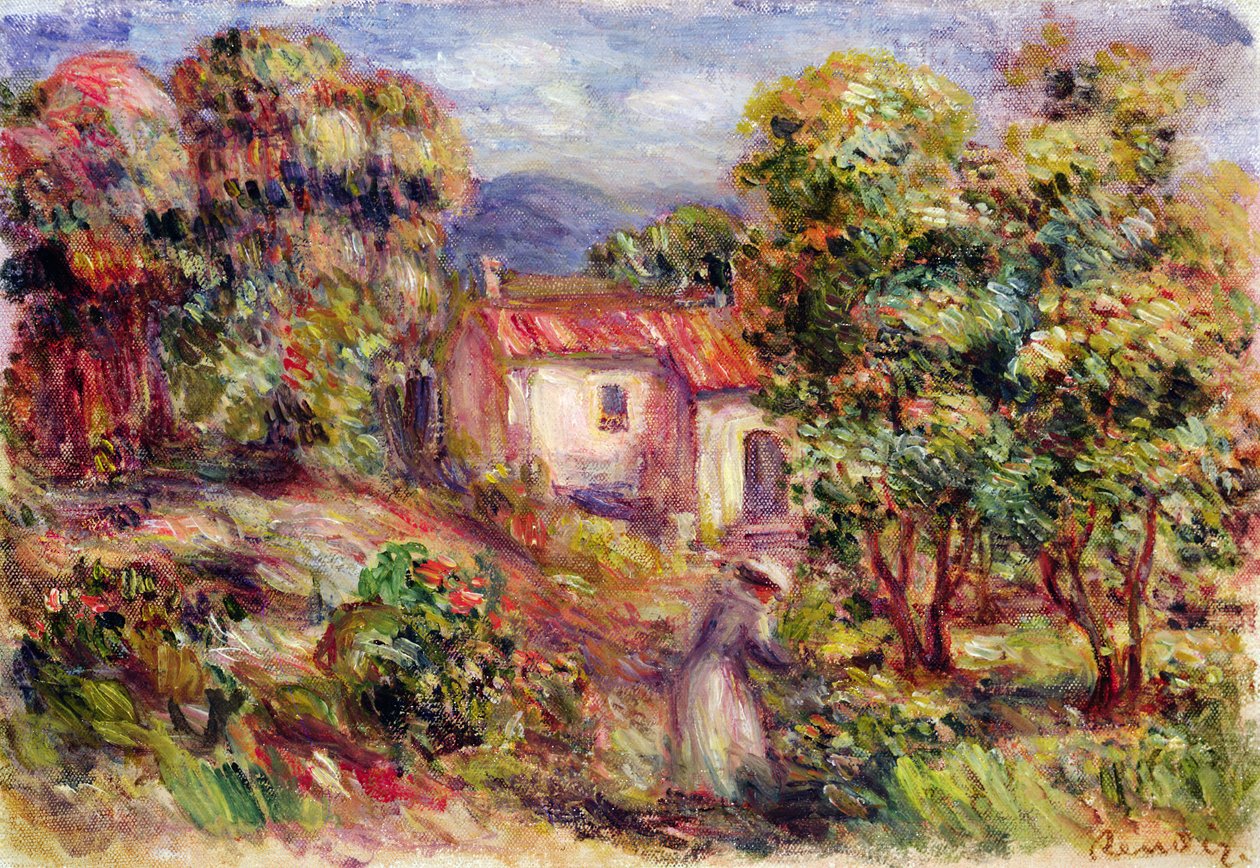 Kvinne plukker blomster i hagen til Les Colettes i Cagnes, 1912 av Pierre Auguste Renoir