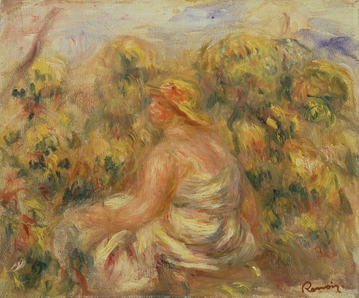 Kvinne med hatt i et landskap ca. 1918 av Pierre Auguste Renoir