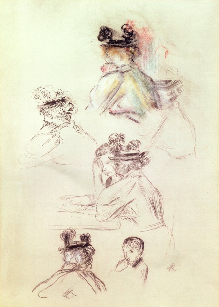 Arbeidsark med syv figurer (kull, blekk og pastell på papir) av Pierre Auguste Renoir