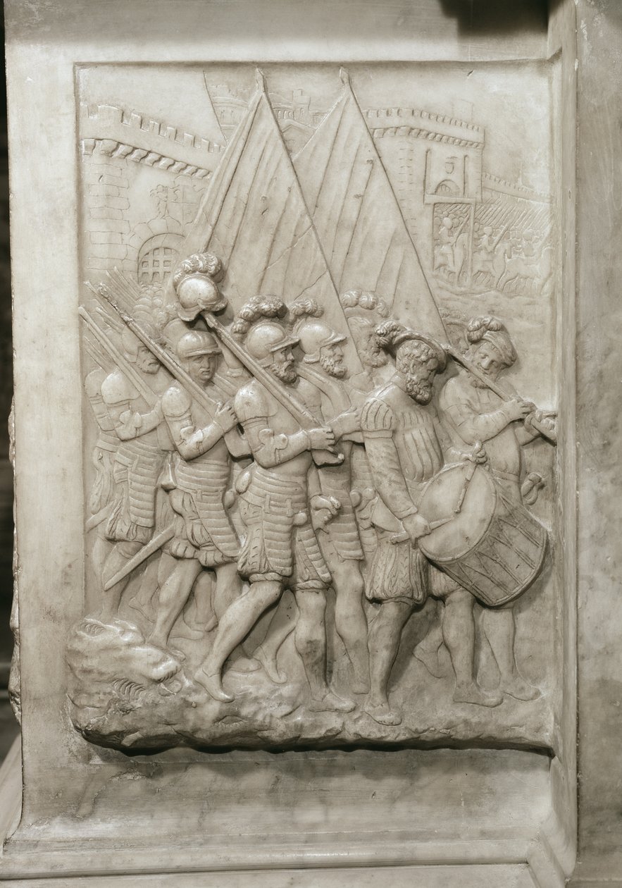 Graven til Francois I 1494-1547 og hans kone, Claude av Frankrike, detalj av soldater ledet av en trommeslager, bestilt i 1548 marmor av Pierre Bontemps