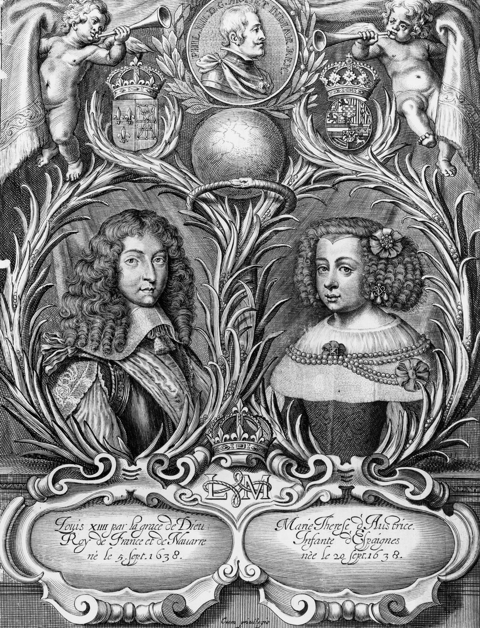 Louis XIV (1638-1715), konge av Frankrike og Marie-Therese (1638-83) av Østerrike, gravert av Pieter II de Jode (1606-s.1674), 1660 av Pierre Cocus