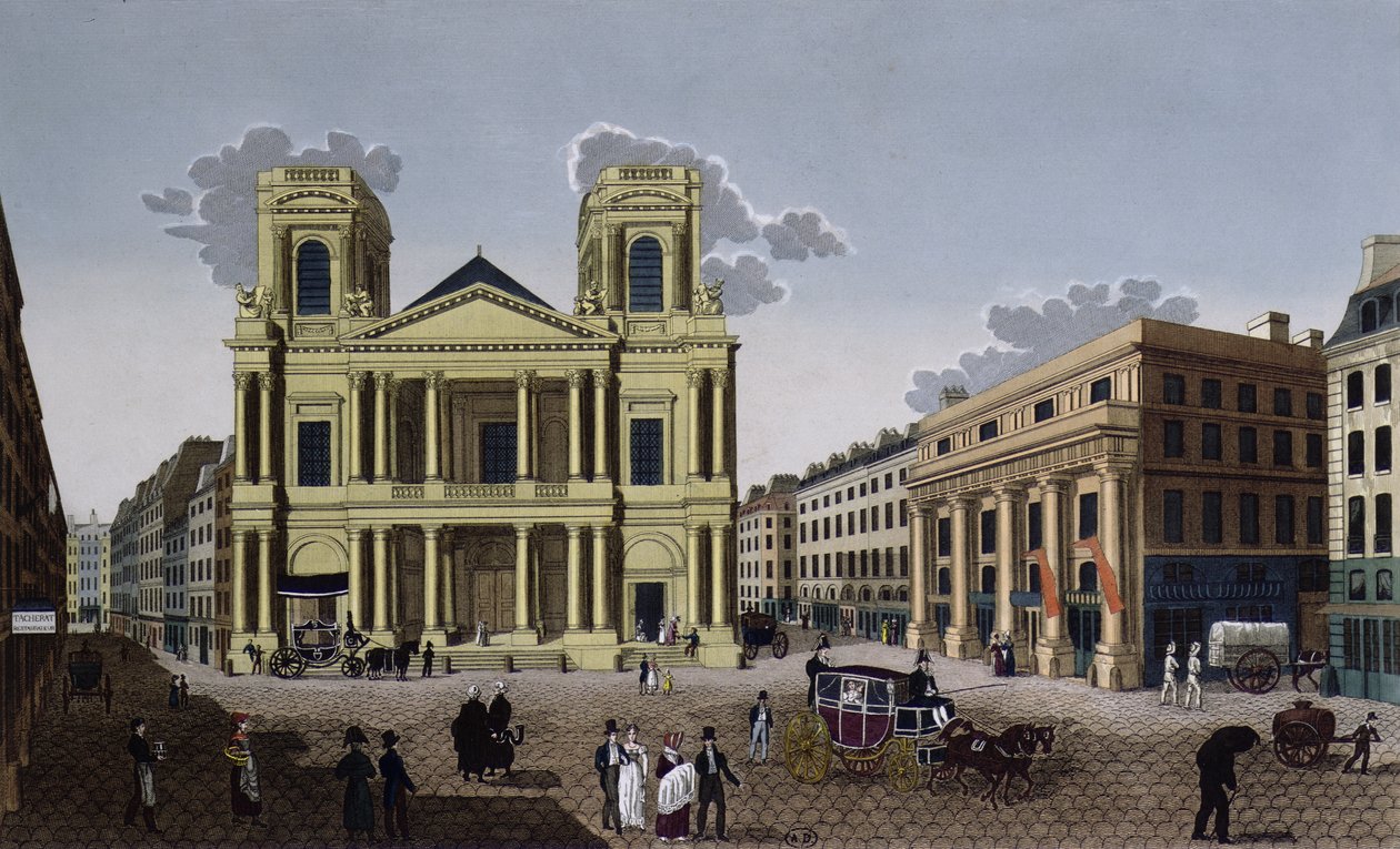 Verandaen til kirken Saint Eustache, ca. 1815-20 (fargegravering) av Pierre Courvoisier