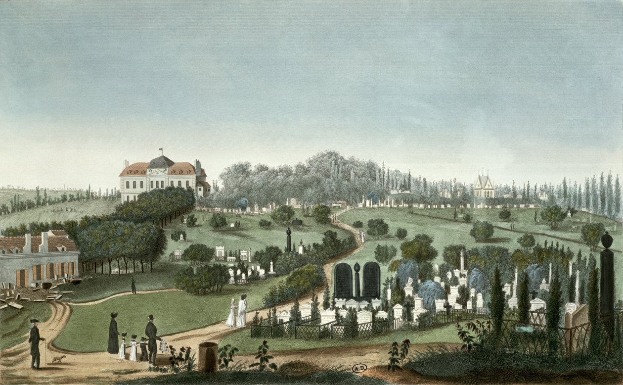 Utsikt over Pere Lachaise kirkegård fra inngangen, 1815 (fargegravering) av Pierre Courvoisier