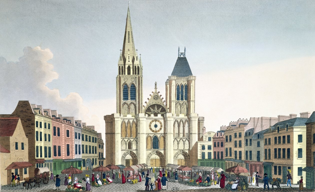 Utsikt over fasaden til kirken Saint-Denis nær Paris, ca. 1820 (fargegravering) av Pierre Courvoisier