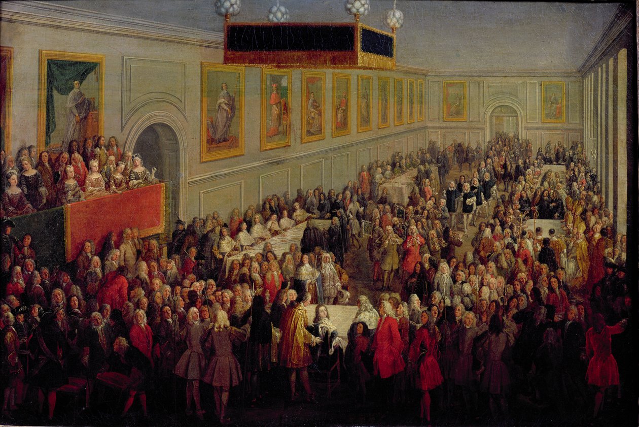 Fest gitt etter kroningen av Ludvig XV (1710-74) ved Palais Archiepiscopal i Reims, 25. oktober 1722, 1722 av Pierre Denis Martin