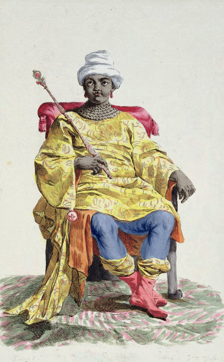 Don Alvares, konge av Kongo, fra 'Receuil des Estampes, som representerer rangene og de dignites, i henhold til kostymet til alle eksisterende nasjoner', utgitt 1780 (håndfarget gravering) av Pierre Duflos