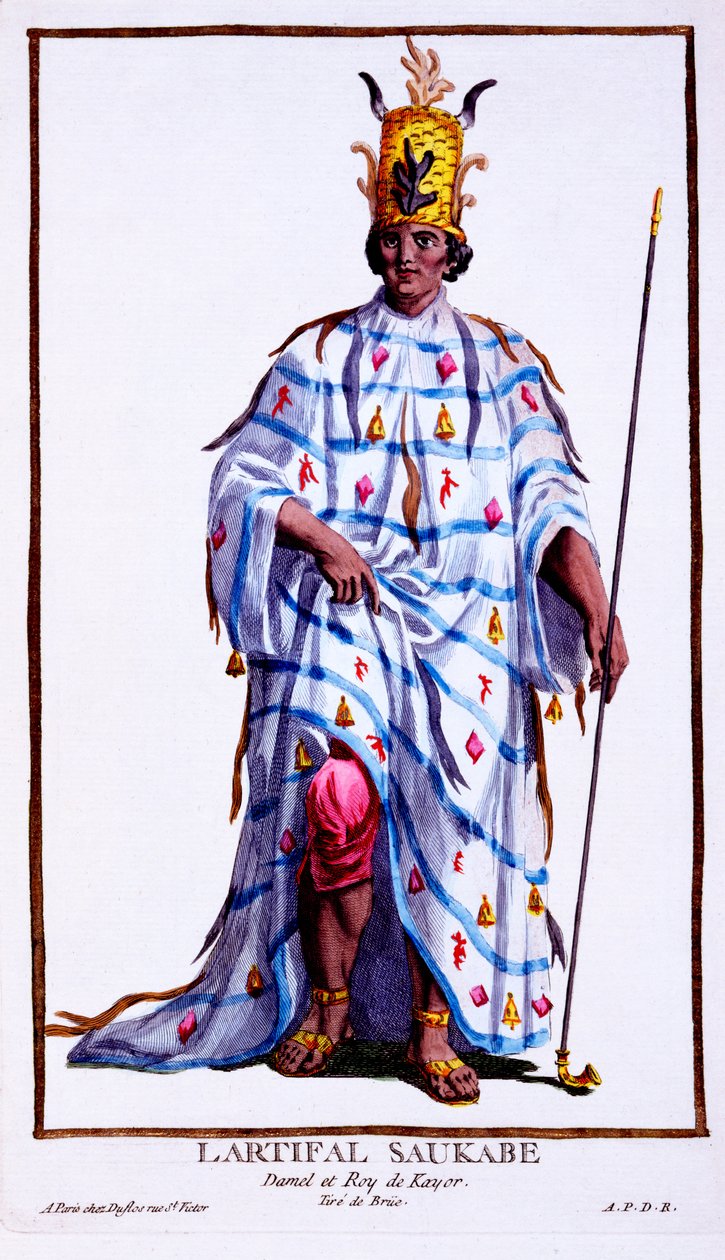 Kongen av Kayor, Llartifal Saukabe, fra 'Receuil des Estampes, representing the Rangs and Dignities, following the Costume of all Existing Nations', utgitt 1780 (håndfarget gravering) av Pierre Duflos