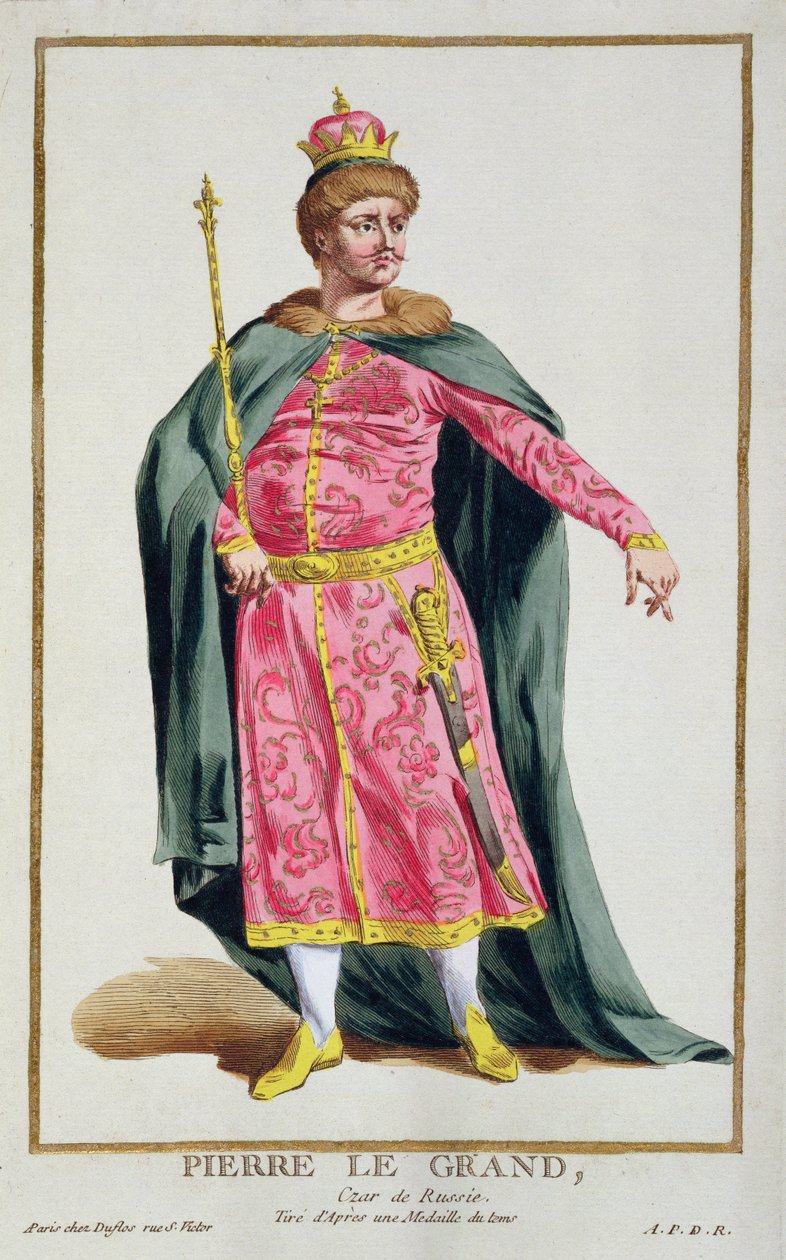 Portrett av Peter I, den store, tsar av Russland (1672-1725), fra en samling plater som viser forskjellige verdens kostymer, 1780 (håndfarget kobbergravering med forgylt) av Pierre Duflos