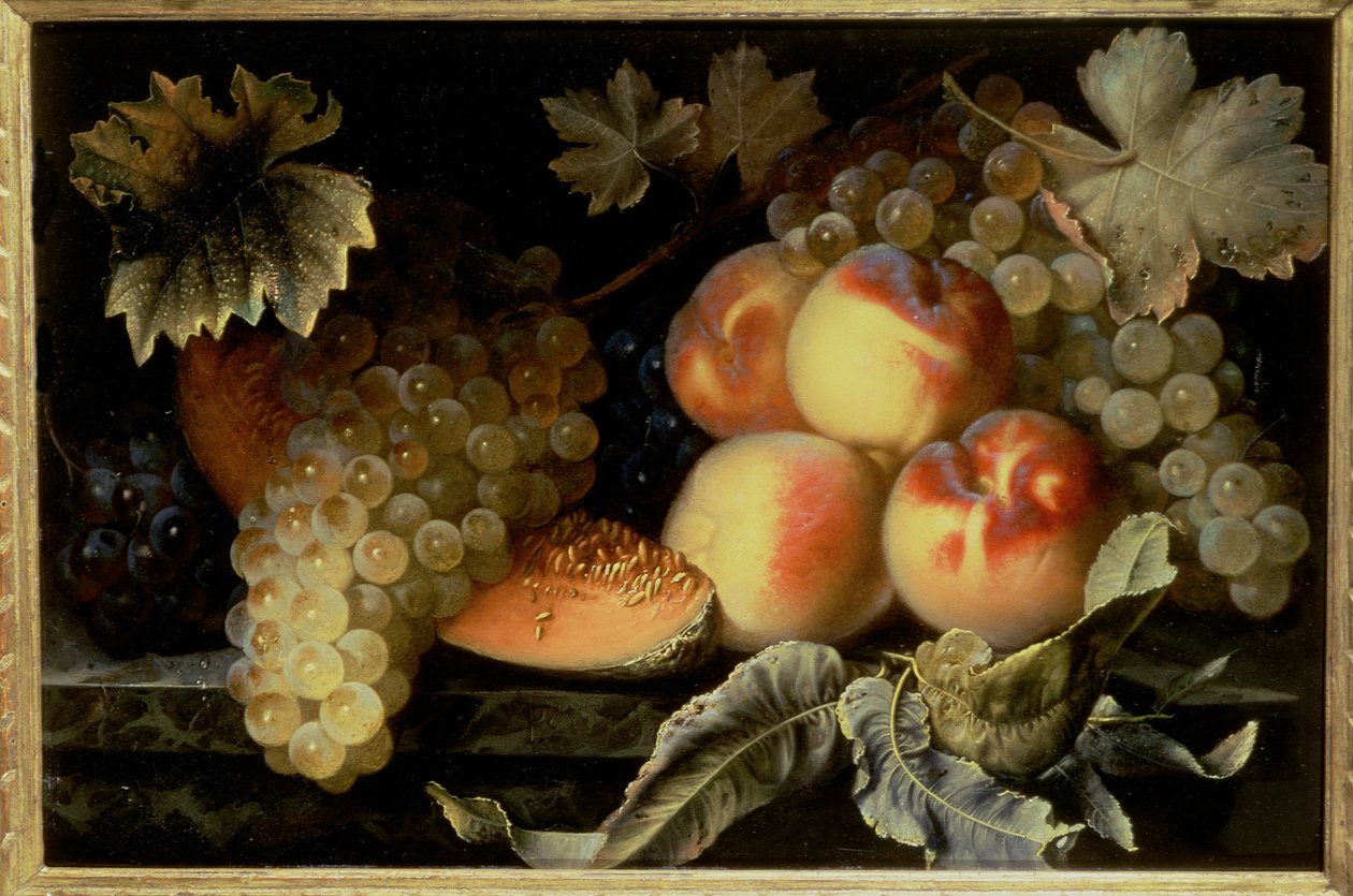 Stilleben med fersken, melon og druer (en av et par) av Pierre Dupuis
