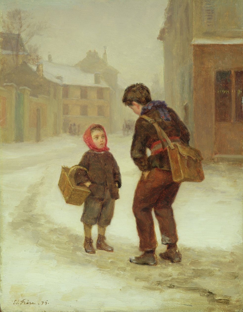 På vei til skolen i snøen, 1879 av Pierre Edouard Frere