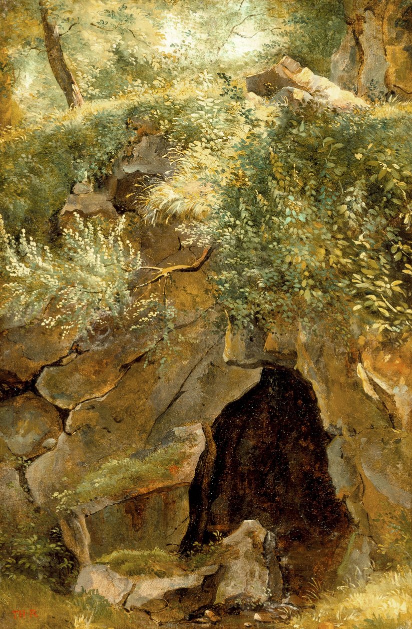 The Cave, 1828-30 (olje på papir montert på lerret) av Pierre Etienne Theodore Rousseau