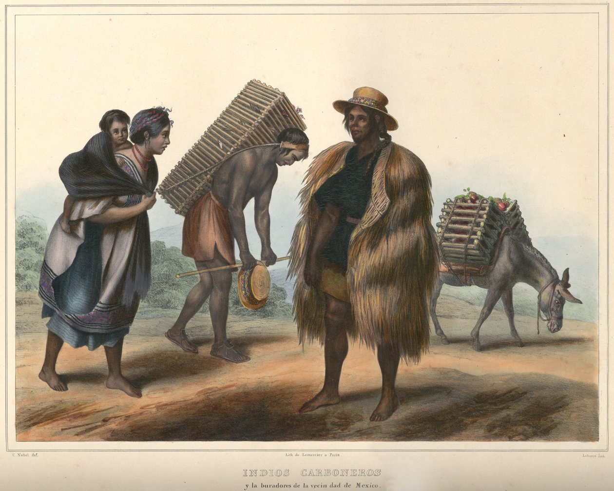 Indios Carboneros, kostymegruppe. Håndfarget litografi fremhevet med arabisk tyggegummi. Originalstørrelse (rene linjer) av Pierre Frédéric Lehnert