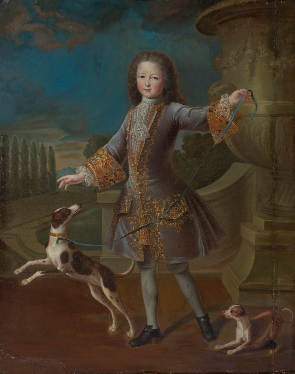 Portrett av Louis XV med to hunder av Pierre Gobert