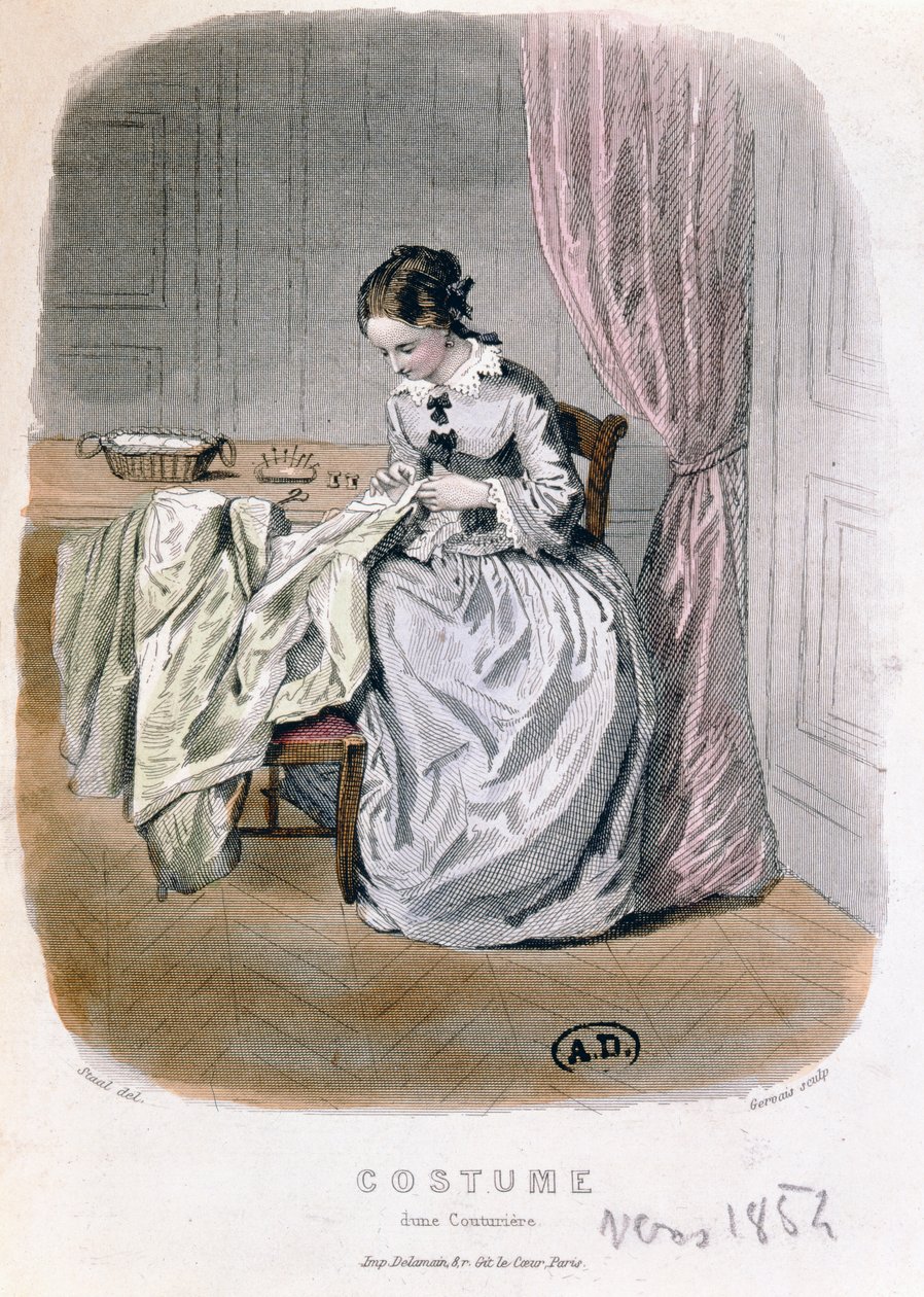 A Couturier at Work, gravert av Gervais (1800-tallet) 1854 av Pierre Gustave Eugene Staal