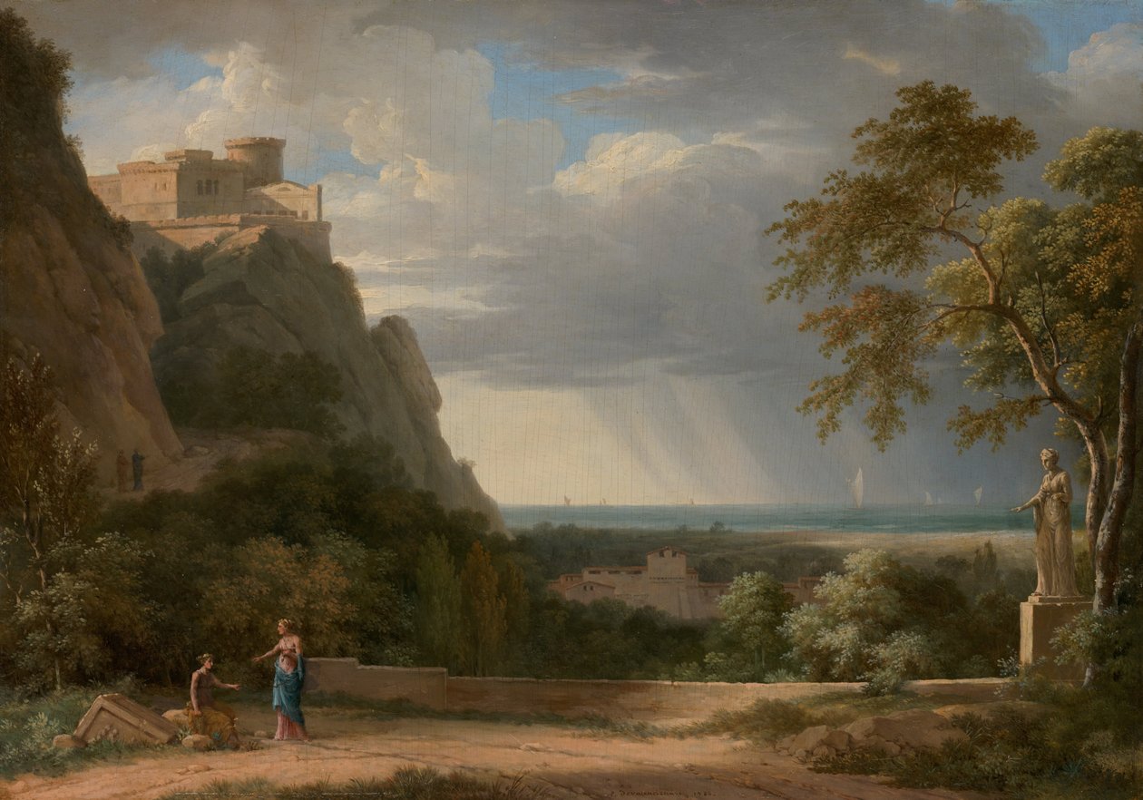 Klassisk landskap med figurer og skulptur av Pierre Henri de Valenciennes
