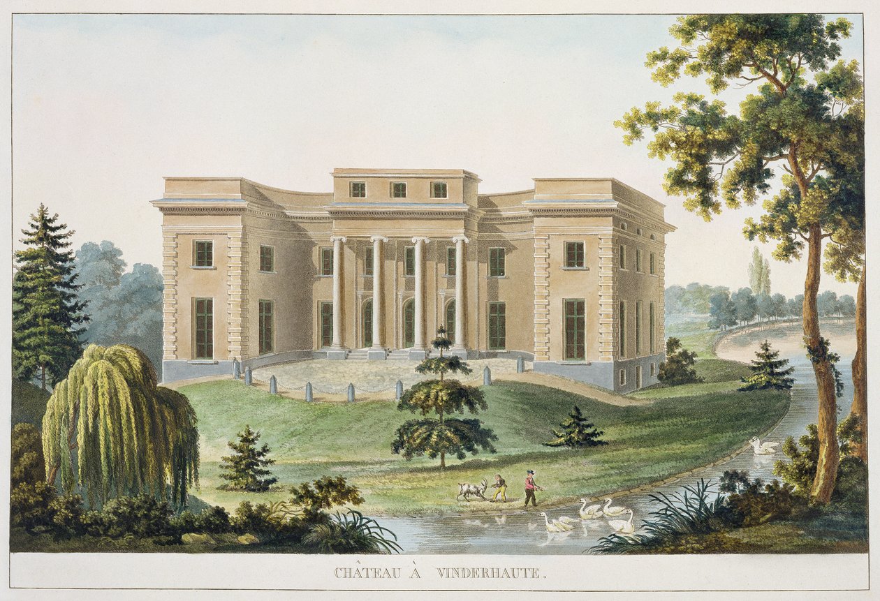 Chateau at Vinderhaute, fra 'Valg av de mest fremragende monumentene, bygningene og husene i kongeriket Nederland' av Pierre Jacques Goetghebuer, utgitt 1827 (akvatint) av Pierre Jacques Goetghebuer