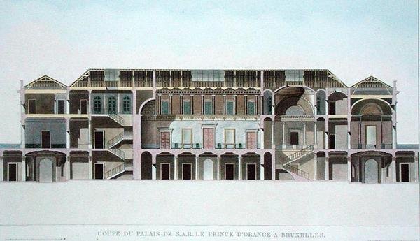 Tverrsnitt av Palace of the Prince of Orange, Brussel, fra utvalg av mest fremragende monumenter, bygninger og hus i kongeriket Nederland av Pierre Jacques Goetghebuer, utgitt 1827 (aq. av Pierre Jacques Goetghebuer
